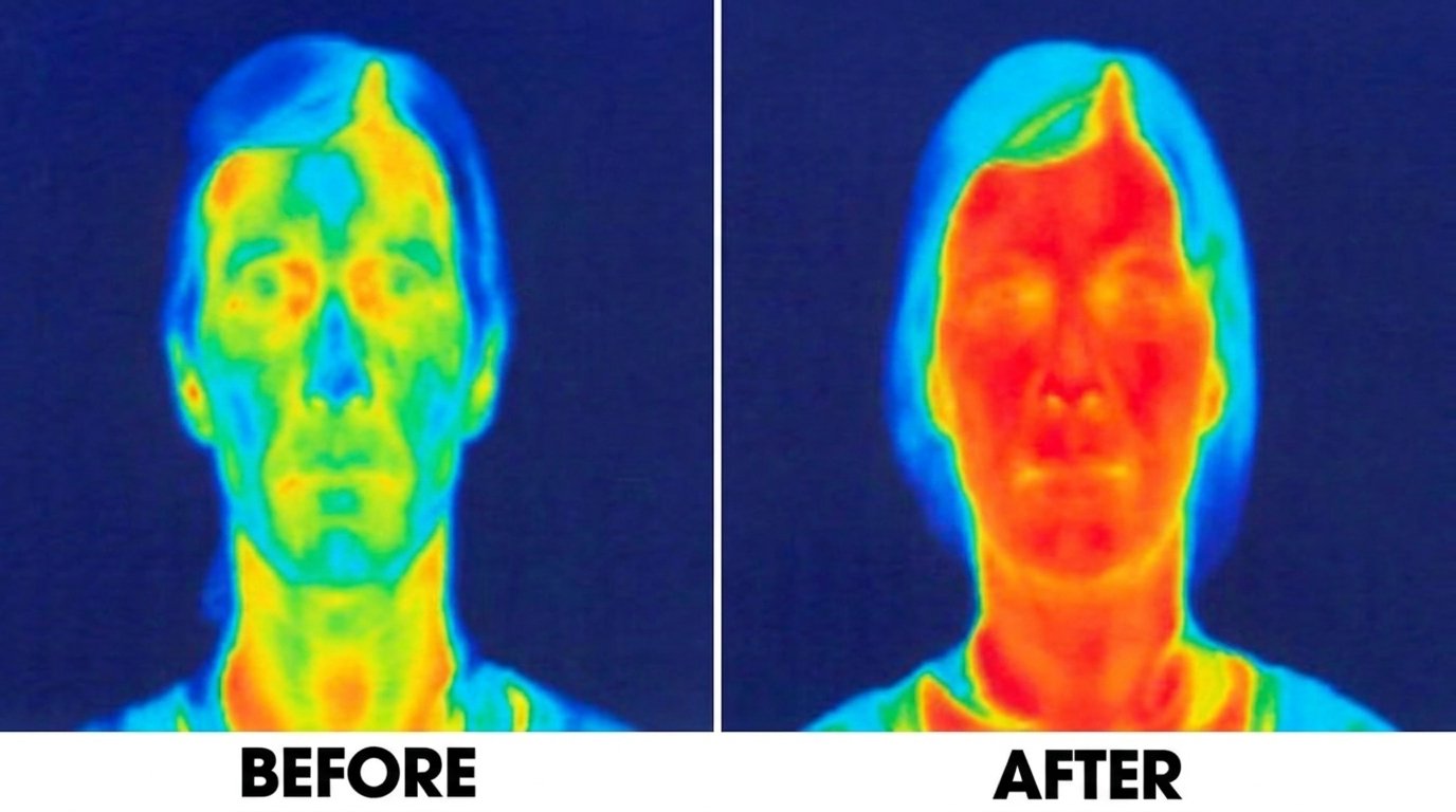 Thermal imaging before and after a face yoga session showing increased facial circulation
