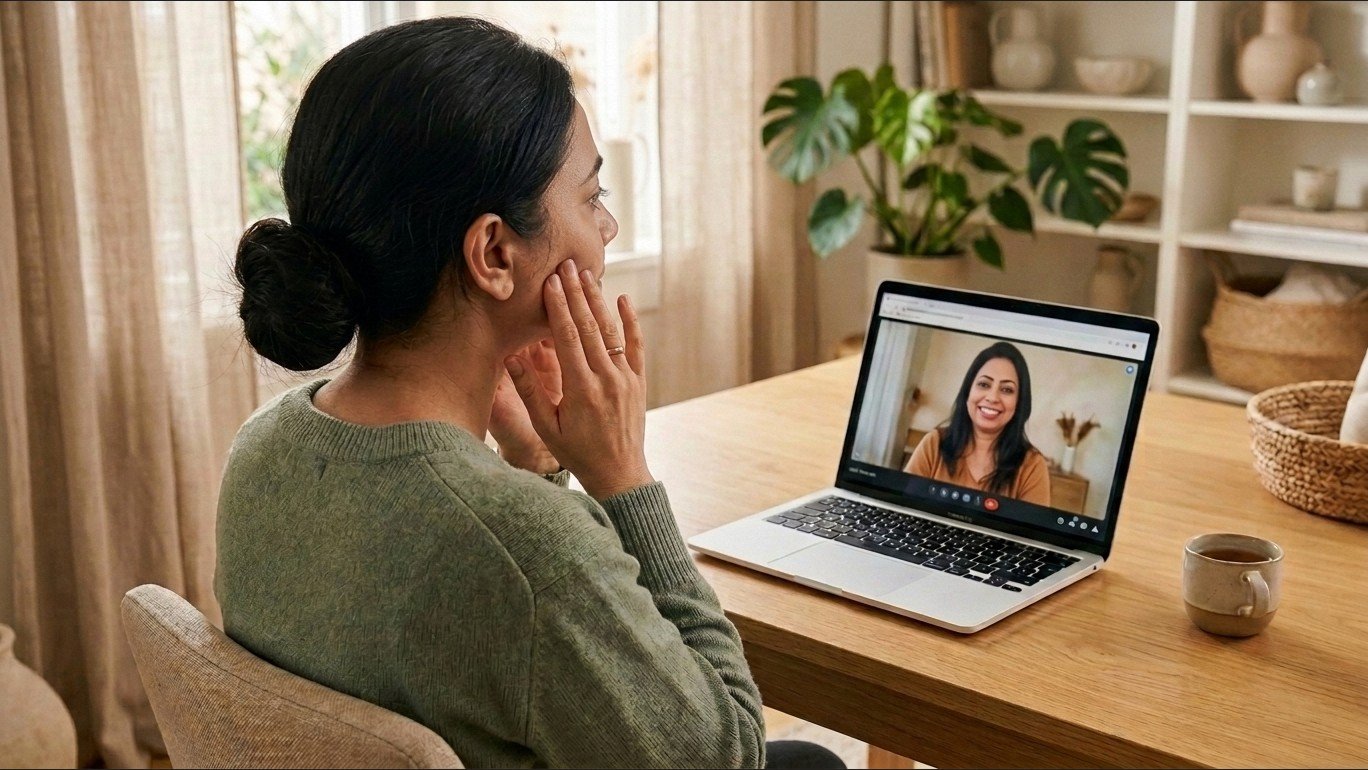 Woman doing a personalised 1-on-1 online face yoga session with instructor Sonia Singh